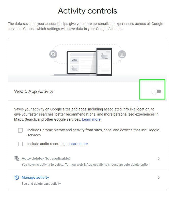 Web & App activity switch in Google