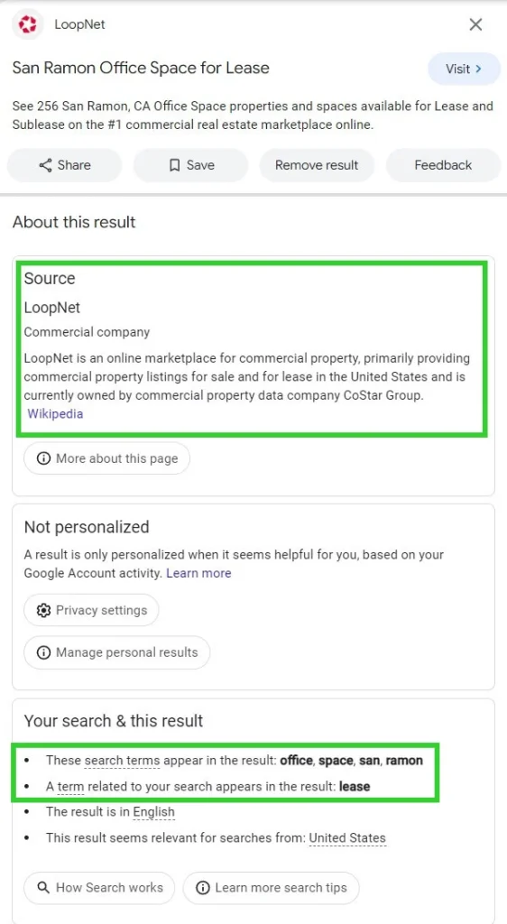 About this result panel