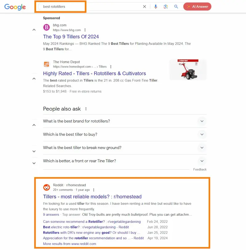 Reddit showing up in search results for rototillers!