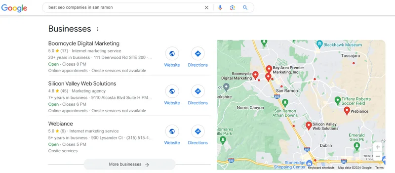 Google Map Pack results for "best seo companies in San Ramon" rankings as of May 15, 2024