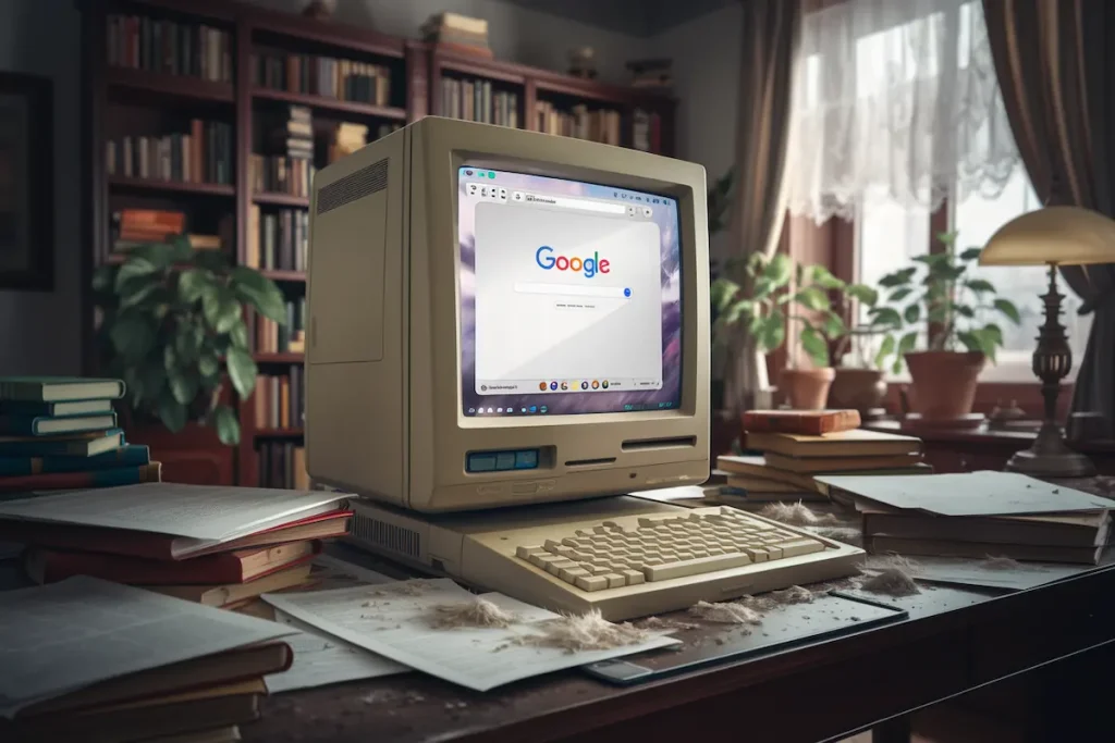 Ancient computer with a Google search screen on it