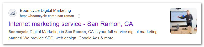 SERP result for a San Ramon location page on the Boomcycle.com website