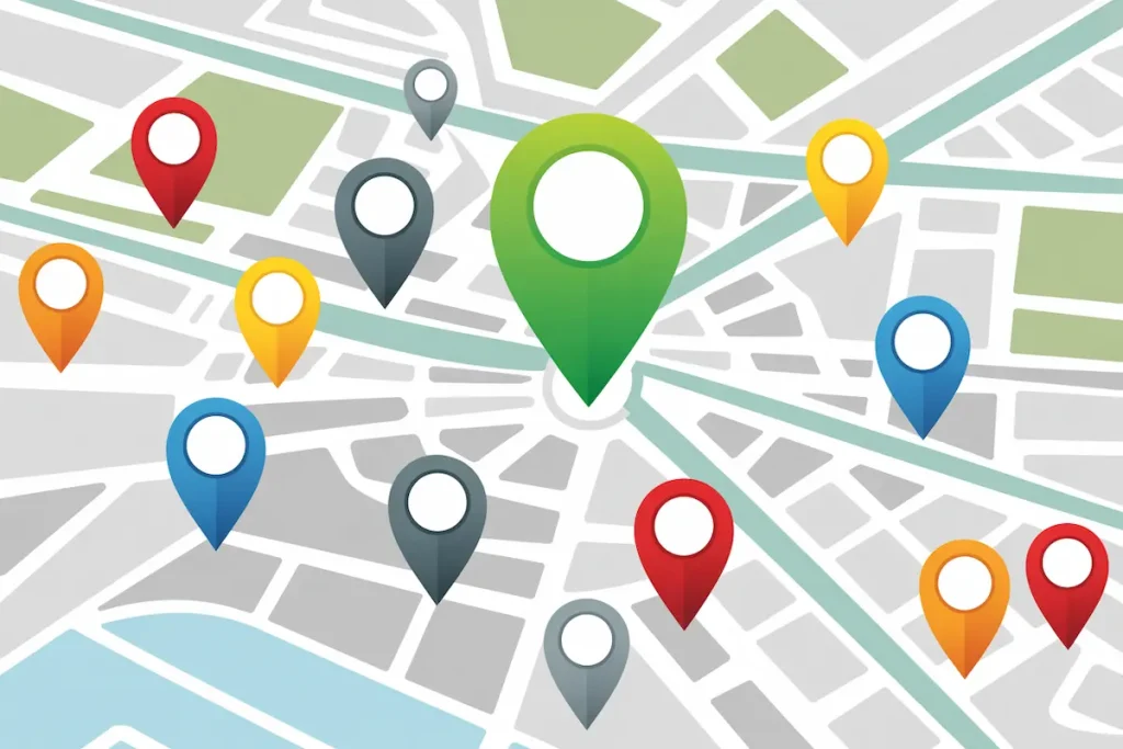 digital city map with colorful pins, one business highlighted in bright green at the top of search results, modern infographic style